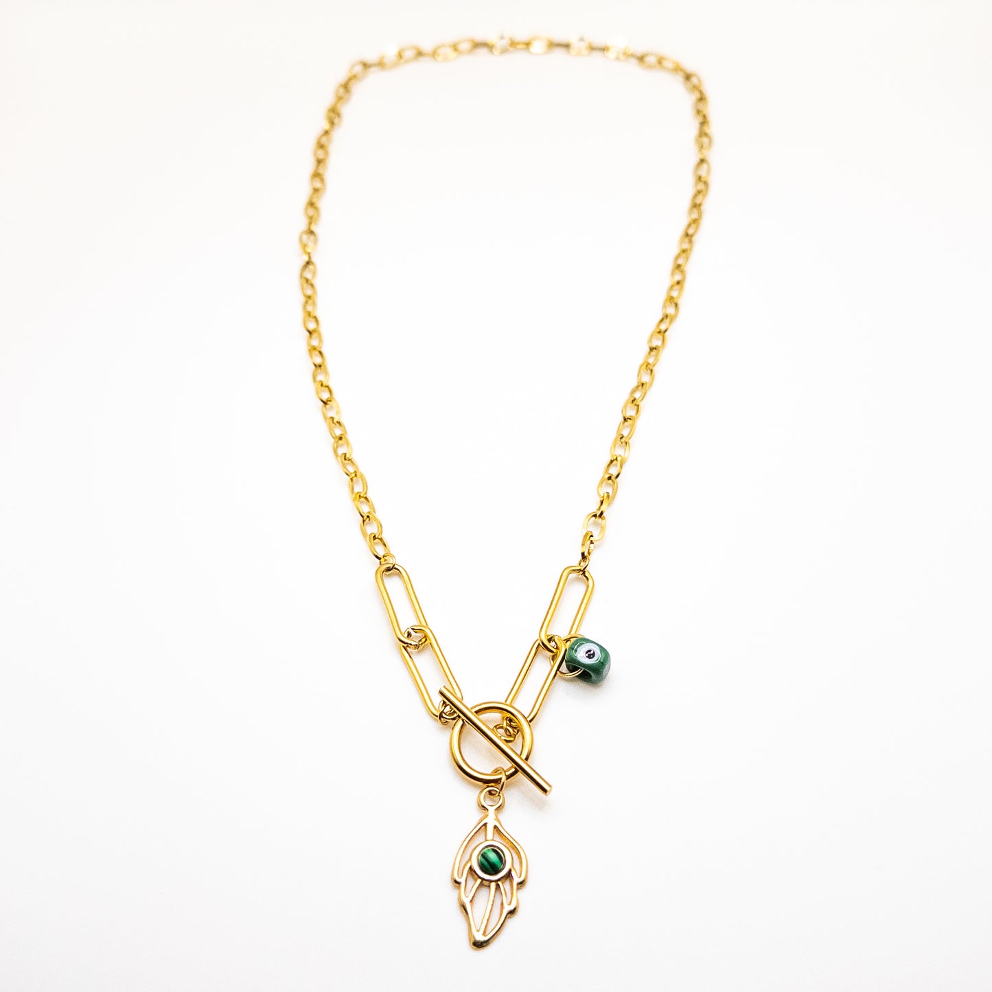 Stainless Steel Necklace with Green Evil Eye Talisman