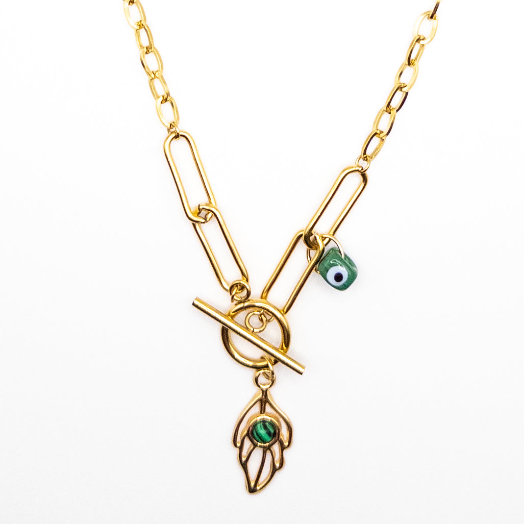 Stainless Steel Necklace with Green Evil Eye Talisman