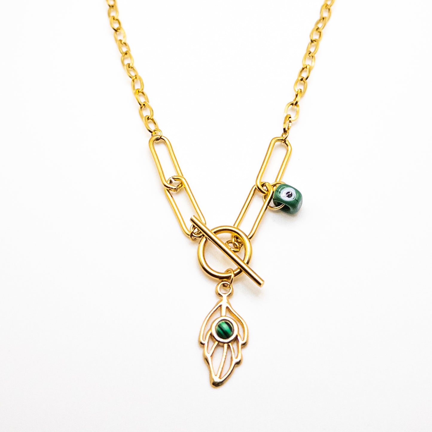 Stainless Steel Necklace with Green Evil Eye Talisman