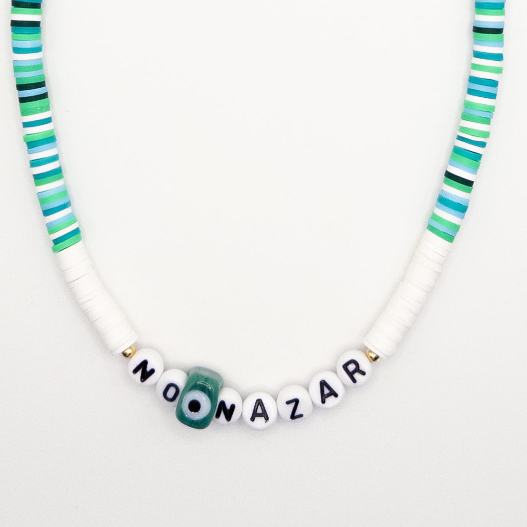 No Nazar Necklace with Green and White Fimo Beads