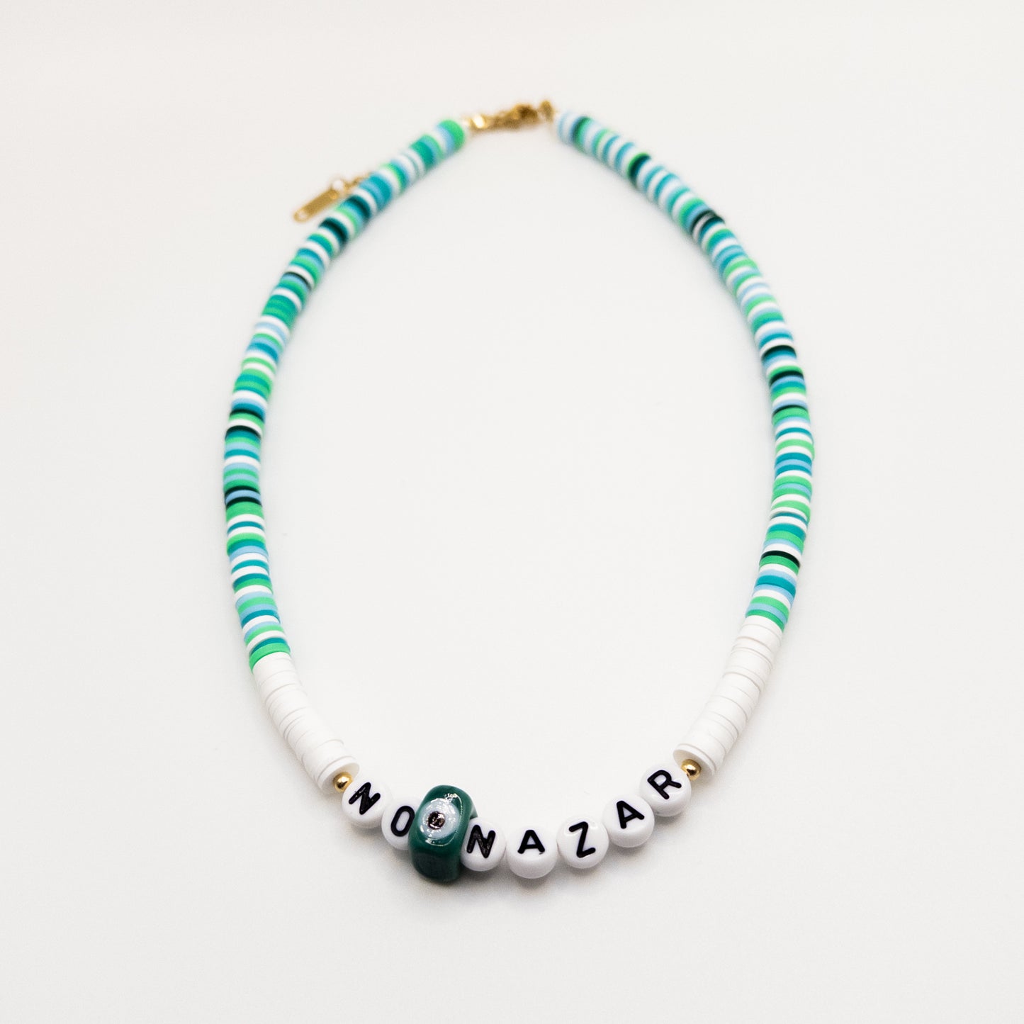 No Nazar Necklace with Green and White Fimo Beads