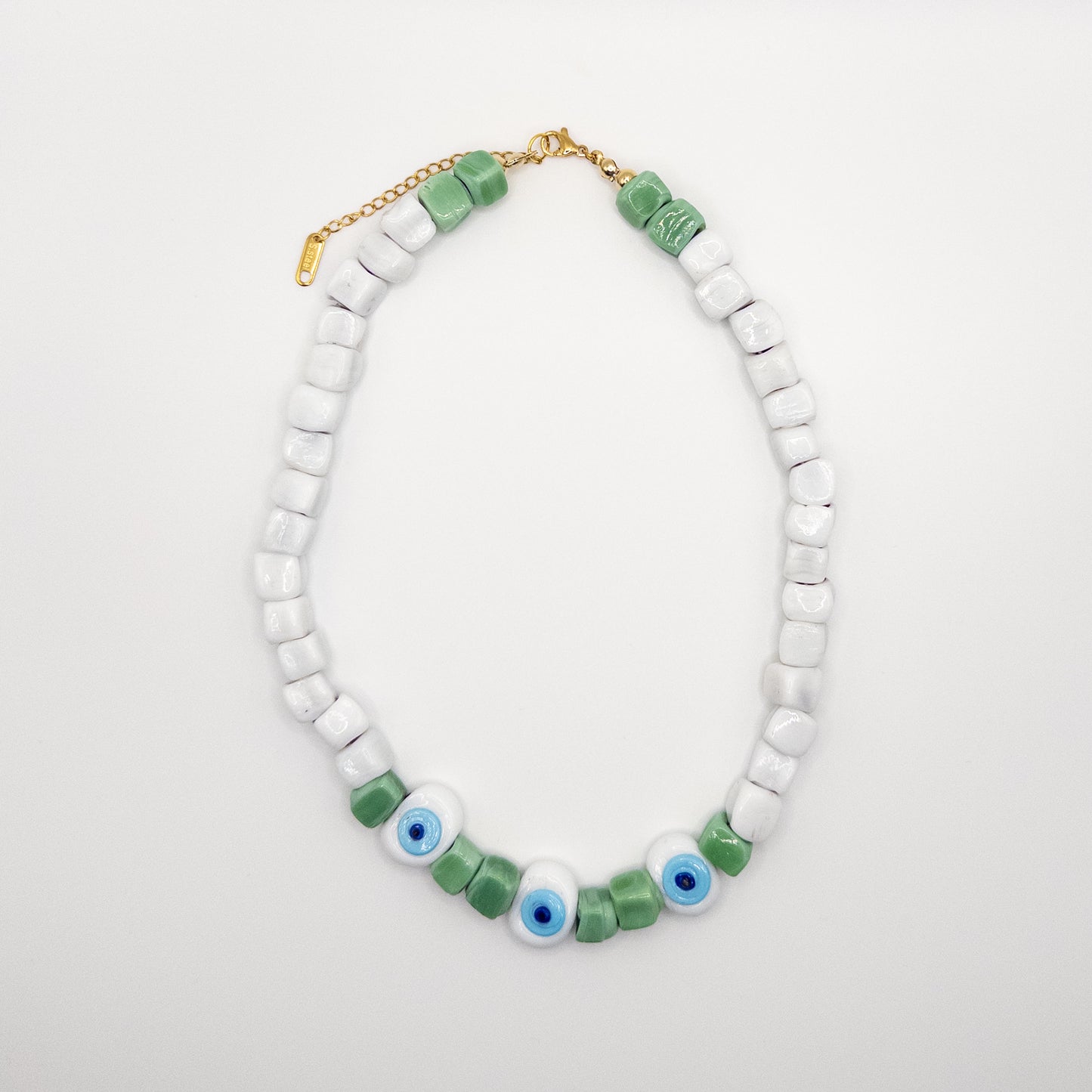 White & Green Glass Stone Necklace