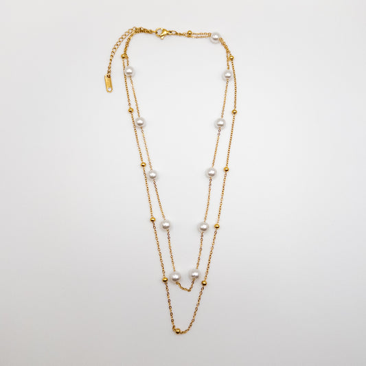 Two Layer Stainless Steel Necklace with Faux Pearl