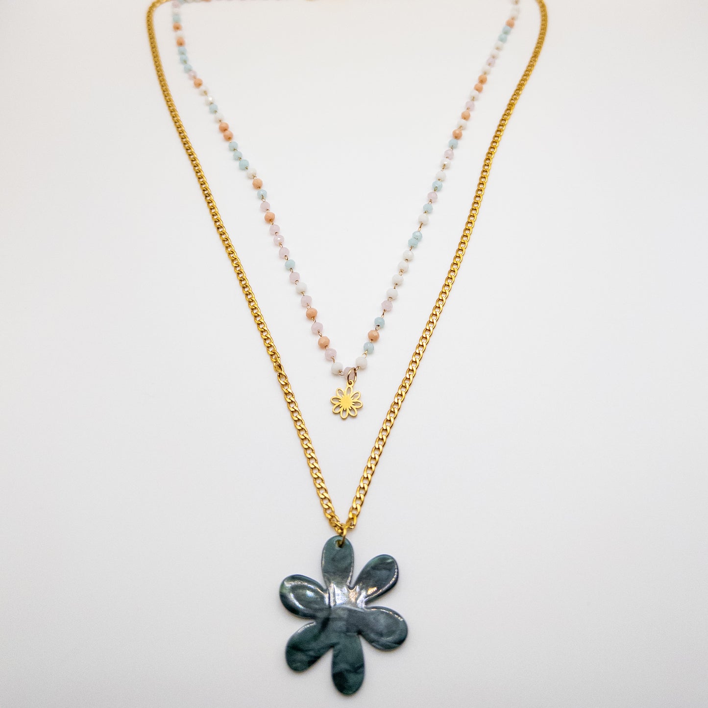 Two Layer Stainless Steel Necklace with Acrylic Flower Pendant