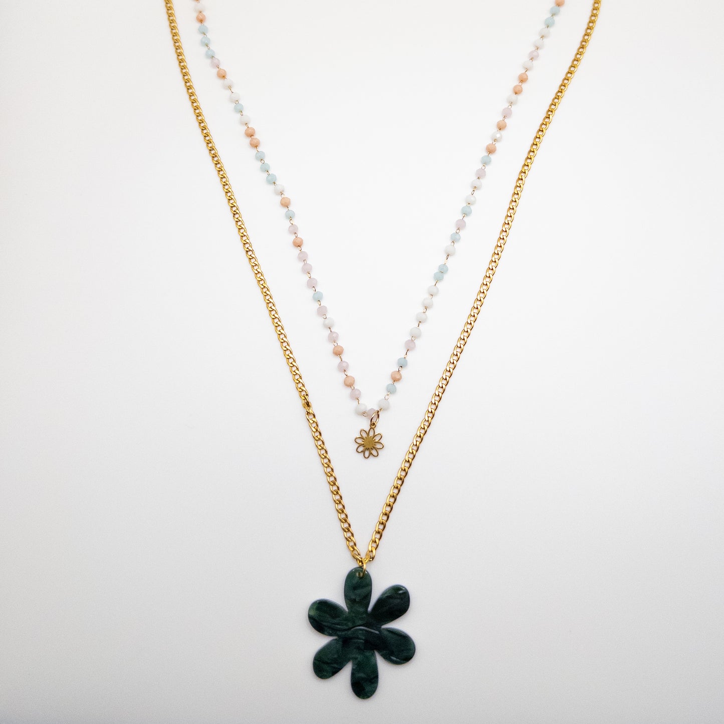 Two Layer Stainless Steel Necklace with Acrylic Flower Pendant