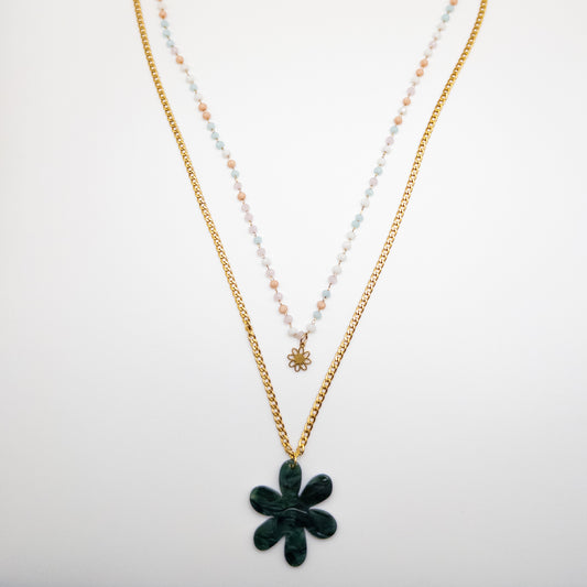 Two Layer Stainless Steel Necklace with Acrylic Flower Pendant