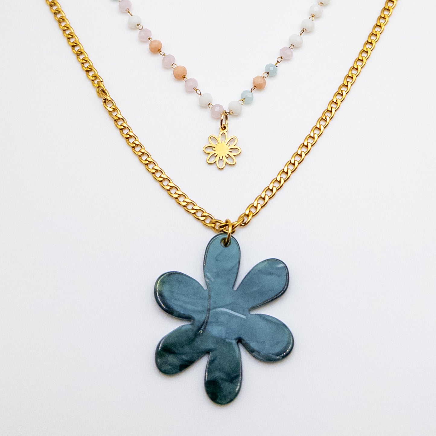 Two Layer Stainless Steel Necklace with Acrylic Flower Pendant