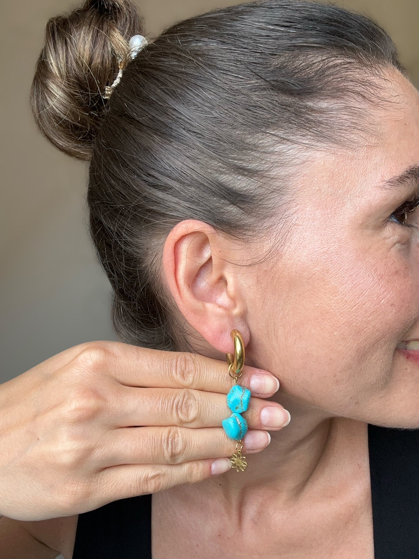 Hoop Earrings with Natural Stone Beads