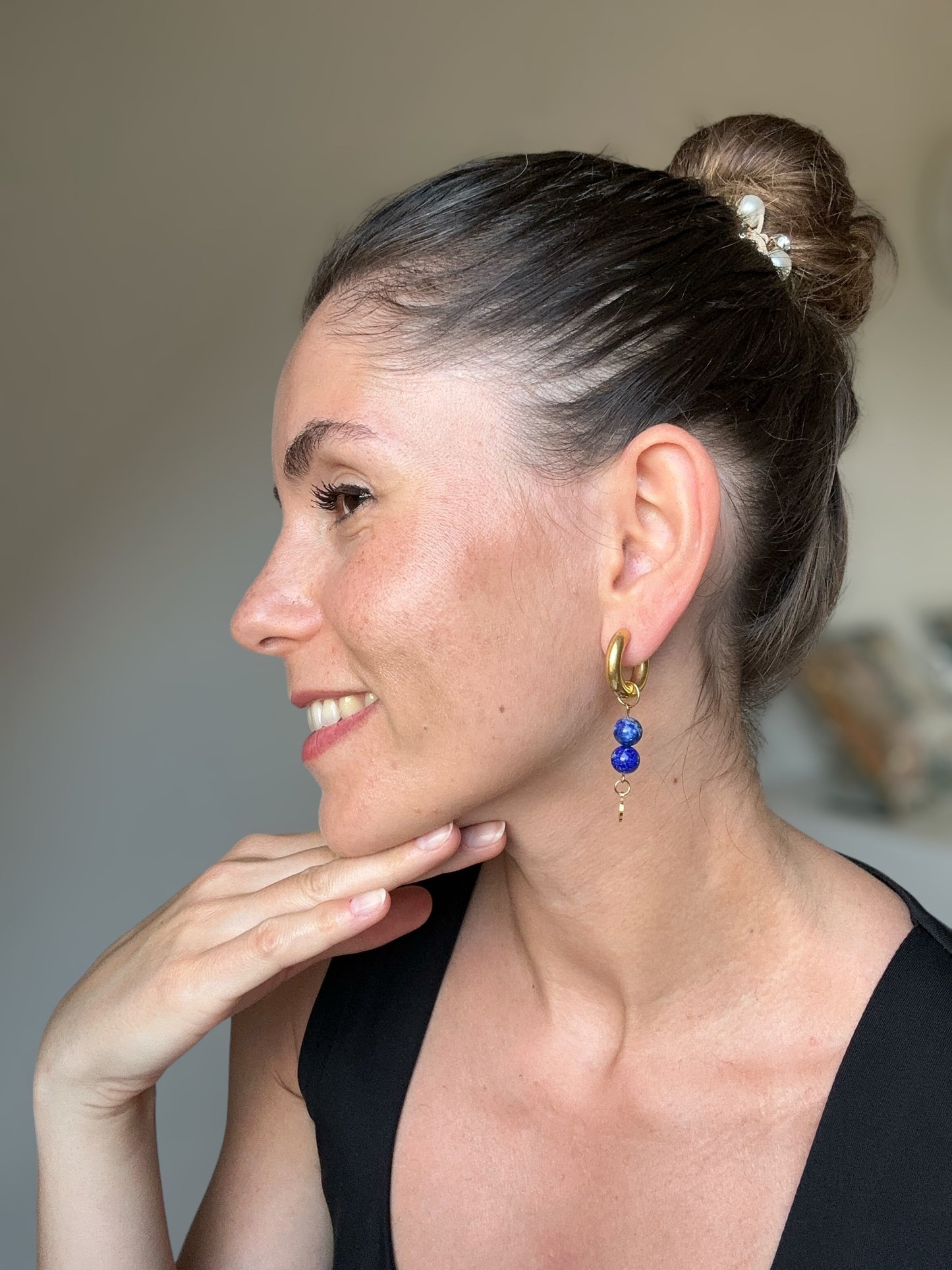 Hoop Earrings with Blue Natural Stone Beads