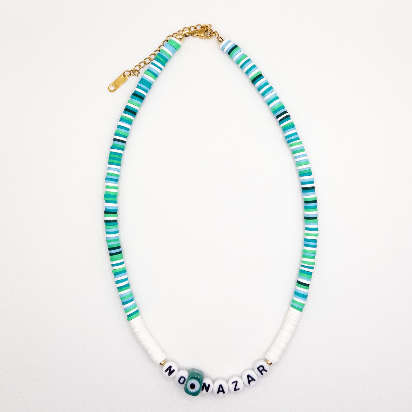 No Nazar Necklace with Green and White Fimo Beads